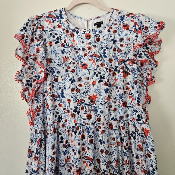 Ann Taylor Floral Ruffle Sleeve Maxi Dress Large Red White & Blue - Picture 5 of 11